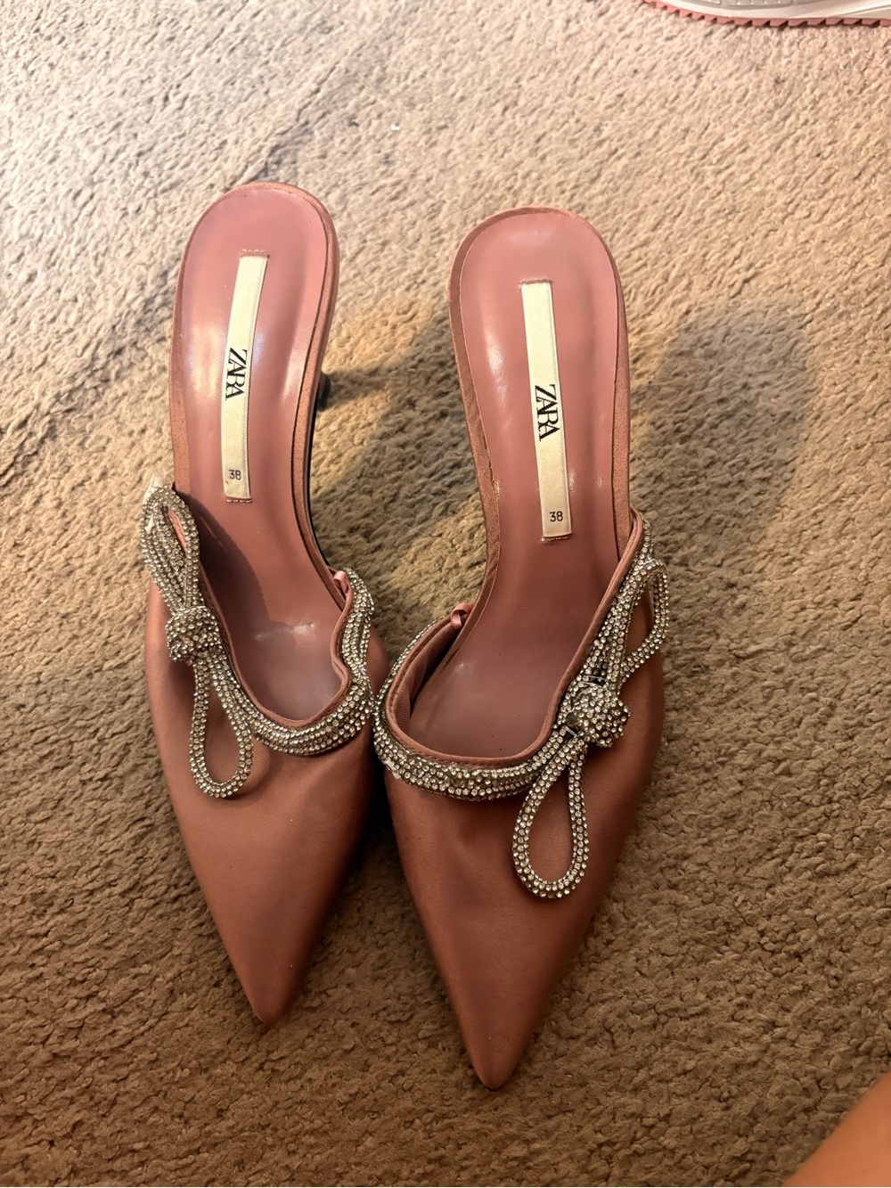 Zara Rose Mauve Pointed Toe Embellished Mule Heels